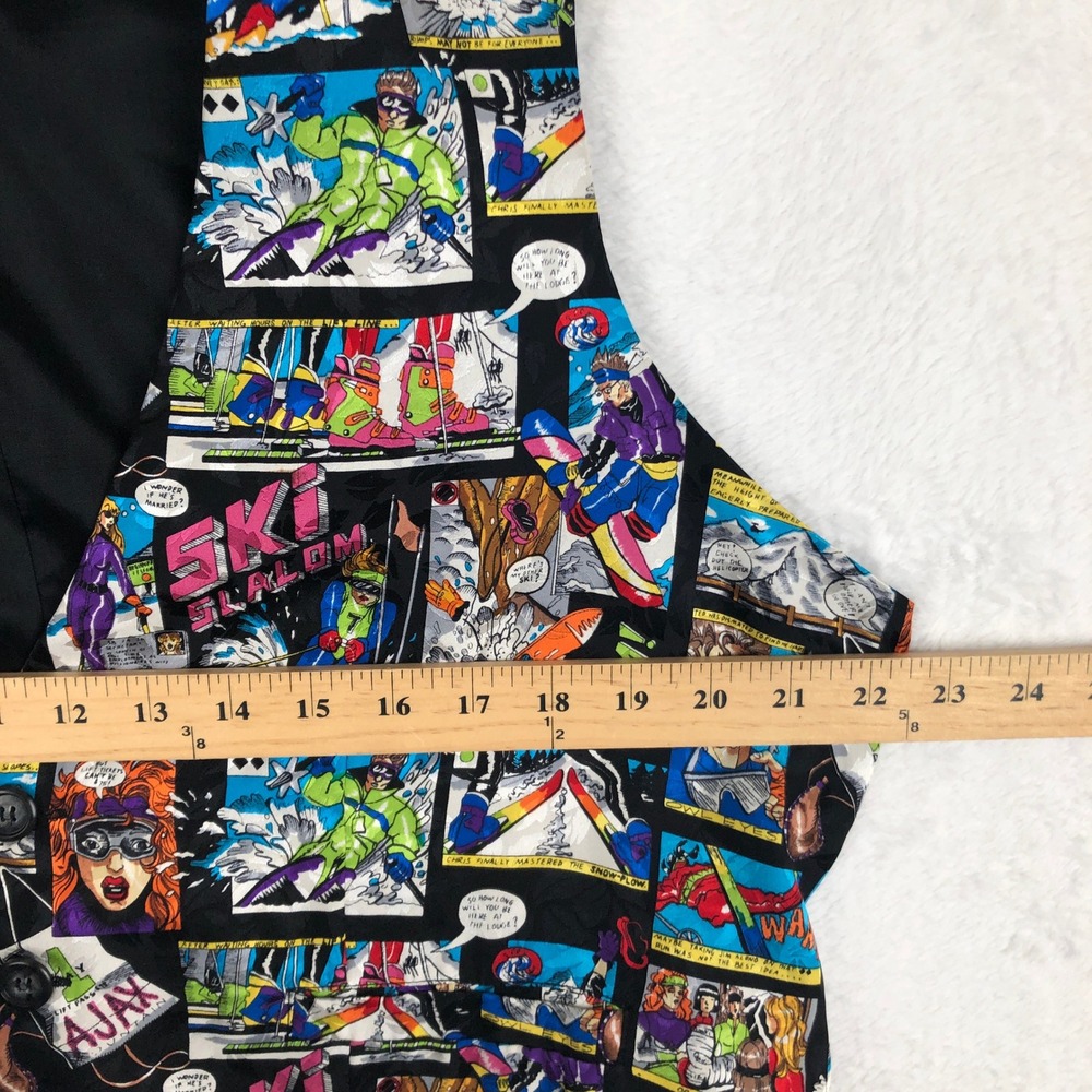 VTG NICOLE MILLER 100% Silk Comic Book Novelty Ski Vest Sz XL 44" Black Multi - Picture 7 of 9